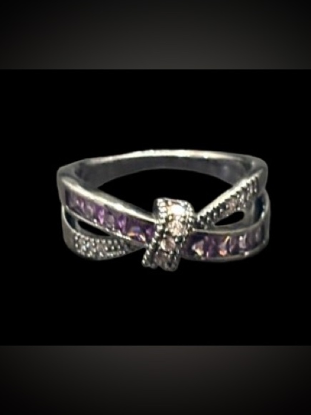 Unique Size 8 Silver Plated Ring with Purple Crystal Accents
